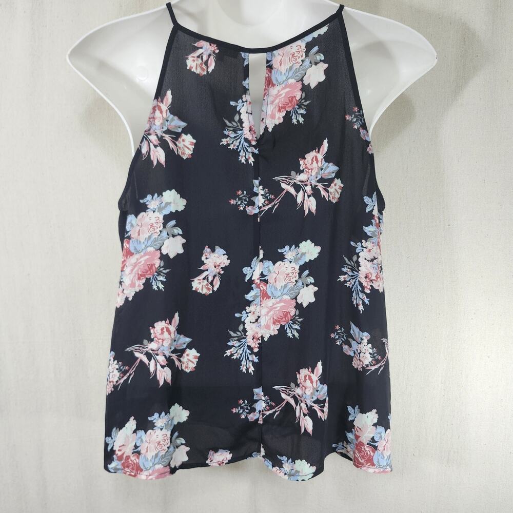 Stella Tweed Black Floral Semi-Sheer Sleeveless Tie Neck Blouse Size 2X Romantic - Picture 2 of 12